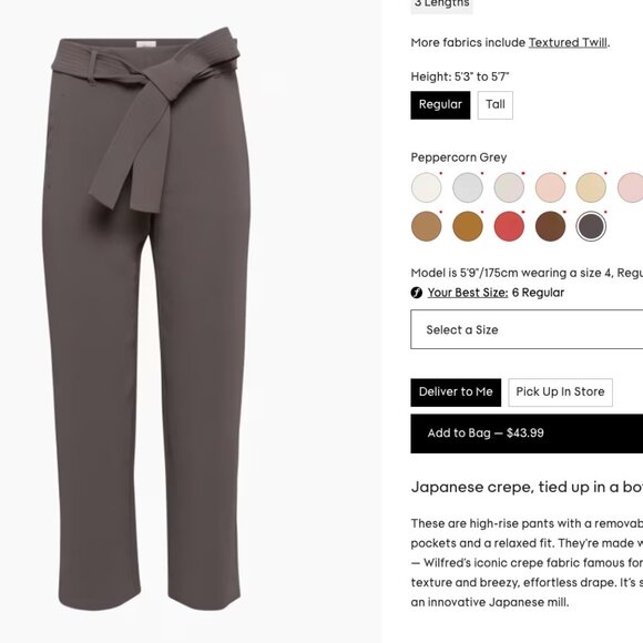 Aritzia - Wilfred Tie Front Pant - Size 4 - Peppercorn Grey - Picture 1 of 3
